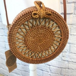 NWT Handcrafted In Vietnam Wicker Circle Purse Shoulder Bag Linen Lining Brown